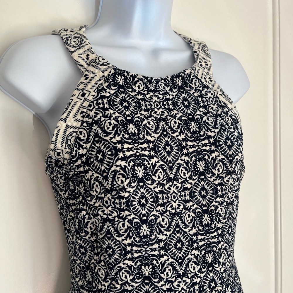Rewind Navy Blue and Cream Fit and Flare Floral Halter Dress - Picture 3 of 7